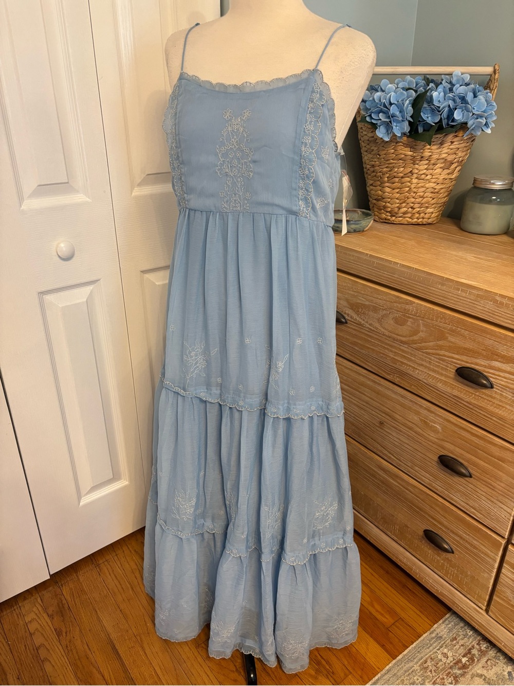 Urban Outfitters Light Blue Embroidered Tiered Maxi Dress
